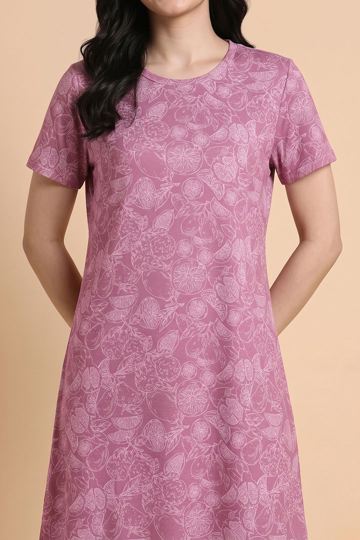 Zivame Mixed Fruit Buttersoft Knit Poly Knee Length Nightdress With In Built Camisole - Red Violet — image 4